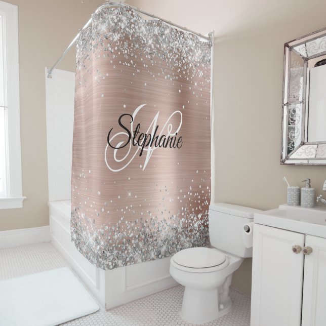 Silver Glitter Rose Gold Foil Fancy Monogram Shower Curtain (In Situ)