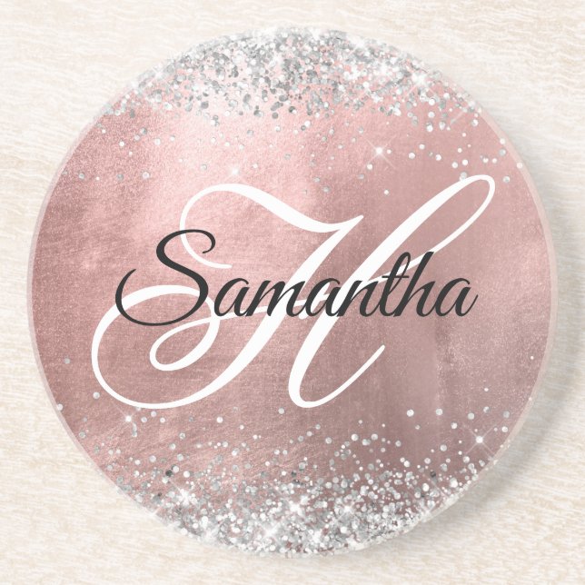 Silver Glitter Rose Gold Foil Fancy Monogrammed Coaster (Front)