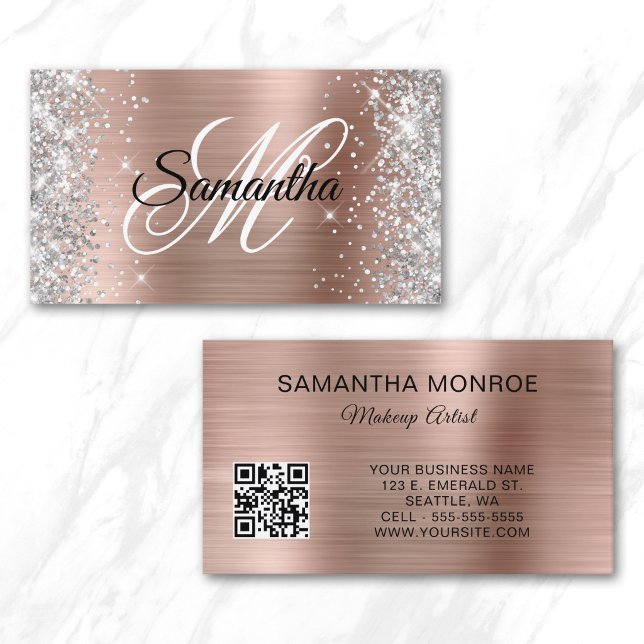 Silver Glitter Rose Gold Foil Monogram QR Code Business Card (Silver Glitter Rose Gold Foil Monogram QR Code Business Card)