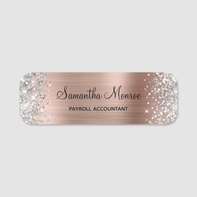 Silver Glitter Rose Gold Foil Name Title Tag (Front)