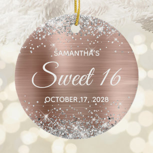 Silver Glitter Rose Gold Foil Sweet 16 Birthday Ceramic Ornament