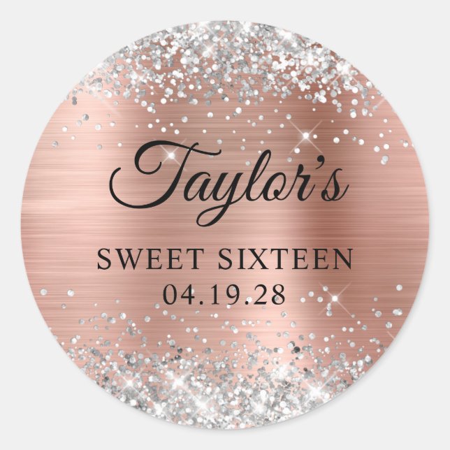 Silver Glitter Rose Gold Foil Sweet Sixteen Classic Round Sticker (Front)