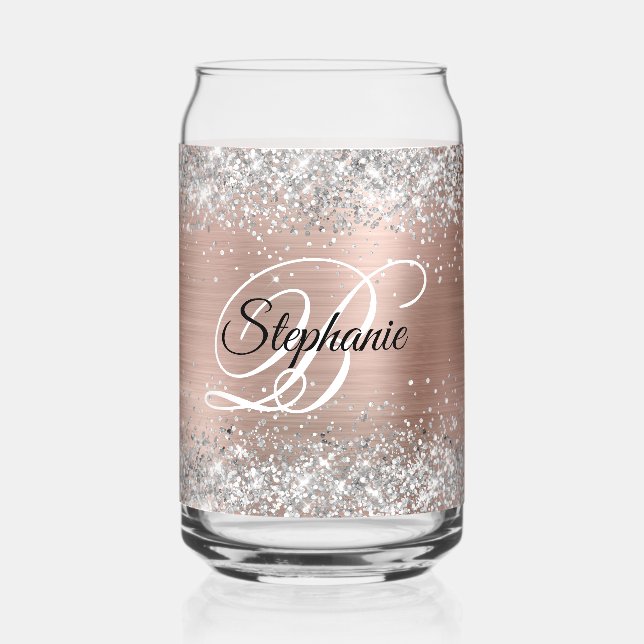 Silver Glitter Rose Gold Glam Fancy Monogram Can Glass (Front)