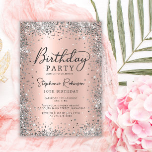 Silver Glitter Rose Gold Metallic 10th Birthday Invitation