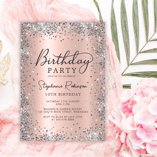 Silver Glitter Rose Gold Metallic 10th Birthday  Invitation (Creator Uploaded)