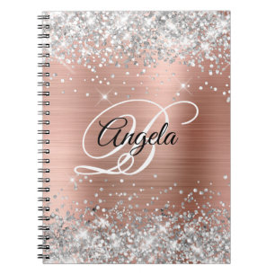 Silver Glitter Rose Gold Metallic Fancy Monogram Notebook