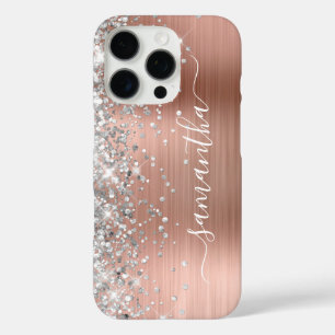 Silver Glitter Rose Gold Metallic Girly Signature iPhone 16 Pro Case