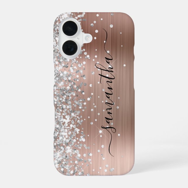 Silver Glitter Rose Gold Metallic Girly Signature iPhone 16 Case (Back)