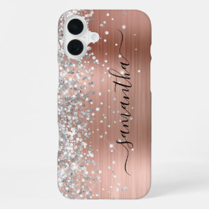 Silver Glitter Rose Gold Metallic Girly Signature iPhone 16 Plus Case