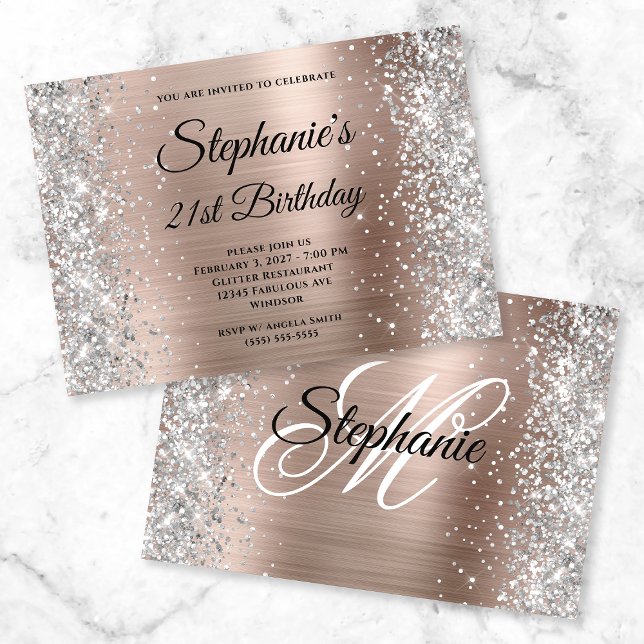 Silver Glitter Rose Gold Monogram 21st Birthday Invitation (Creator Uploaded)