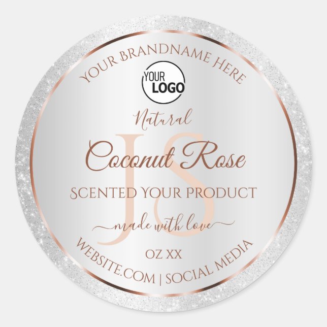 Silver Glitter Rose Gold Product Labels with Logo (Front)