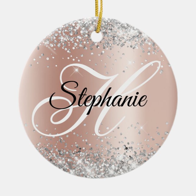 Silver Glitter Rose Gold Shimmer Fancy Monogram Ceramic Ornament (Front)
