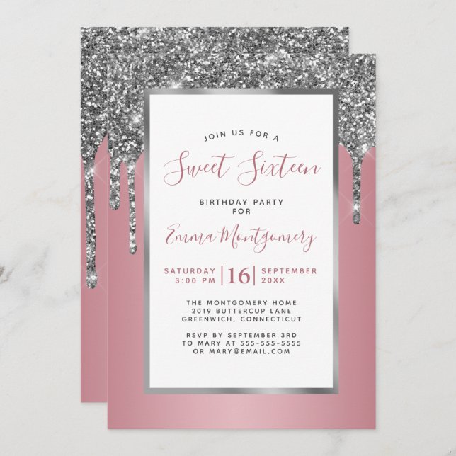 Silver Glitter Rose Gold Sweet 16 Birthday Party Invitation (Front/Back)