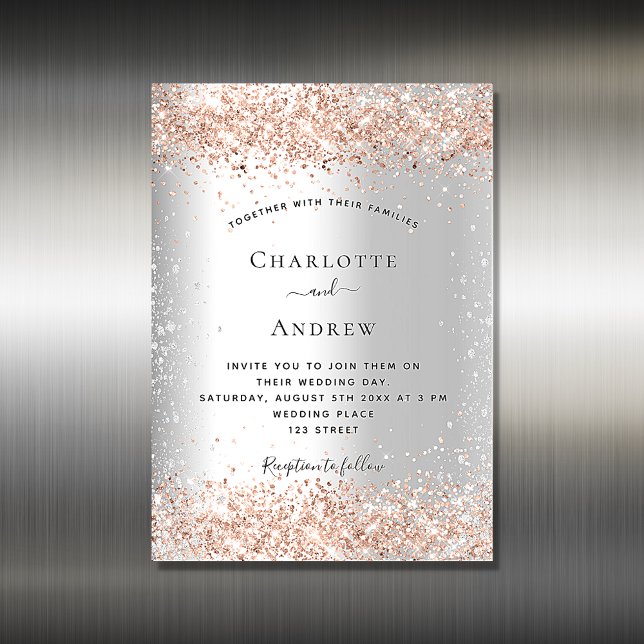 Silver glitter rose gold wedding invitation magnet (Creator Uploaded)
