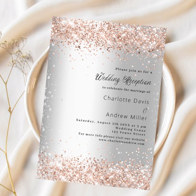 Silver glitter rose gold wedding reception invitation (Creator Uploaded)