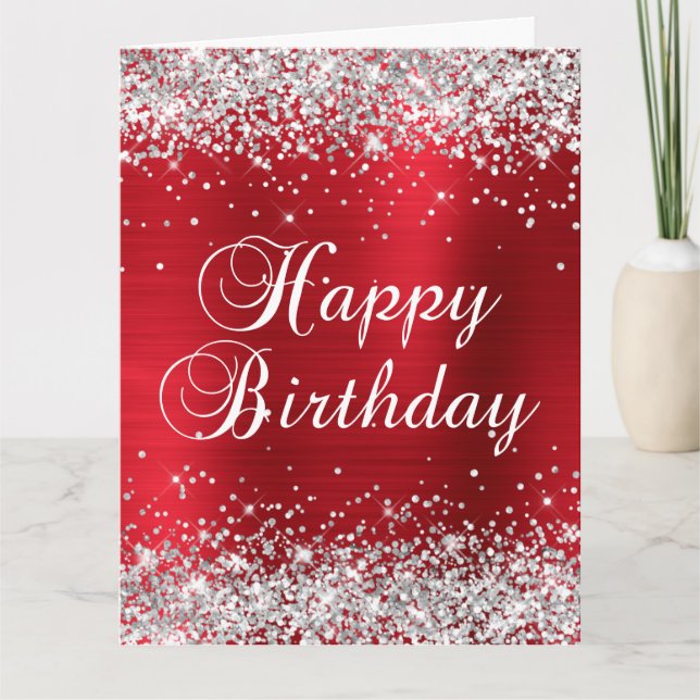 Silver Glitter Rose Red Foil Big Happy Birthday Card (Front)