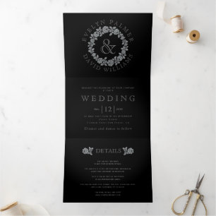 Silver glitter rose wreath black wedding Tri-Fold invitation