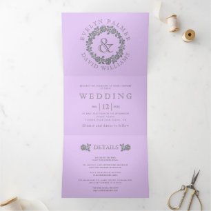 Silver glitter rose wreath lavender wedding Tri-Fold invitation