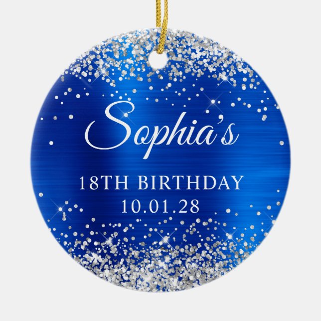 Silver Glitter Royal Blue 18th Birthday Photo Ceramic Ornament (Front)