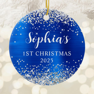 Silver Glitter Royal Blue Foil 1st Christmas Photo Ceramic Ornament