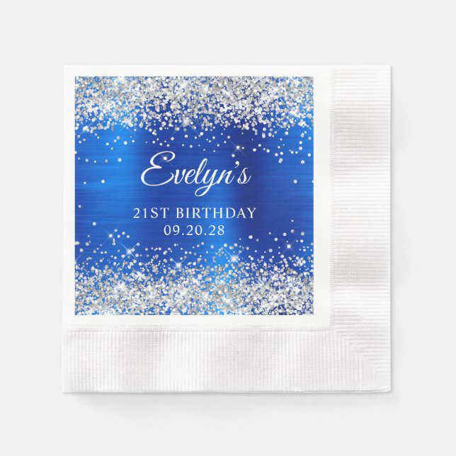 Silver Glitter Royal Blue Foil 21st Birthday Napkin (Front)