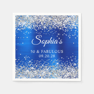 Silver Glitter Royal Blue Foil 50 & Fabulous Napkin