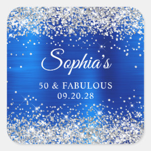 Silver Glitter Royal Blue Foil 50 & Fabulous Square Sticker