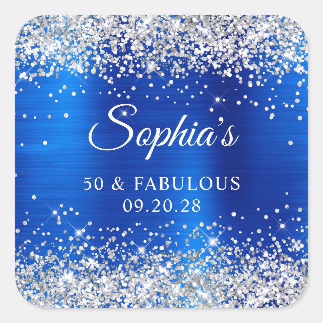 Silver Glitter Royal Blue Foil 50 & Fabulous Square Sticker (Front)