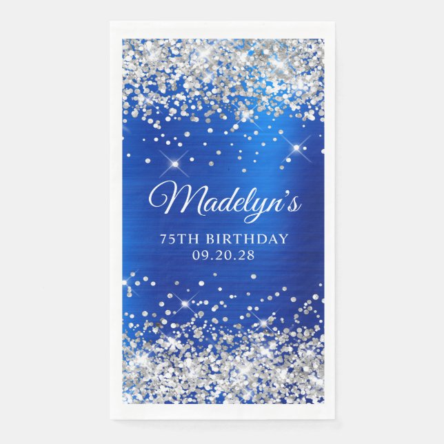 Silver Glitter Royal Blue Foil 75th Birthday Napkin (Front)