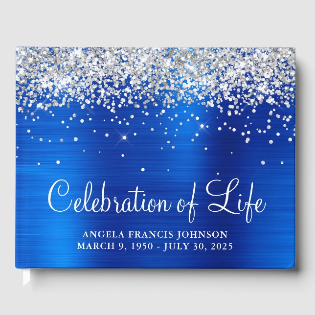Silver Glitter Royal Blue Foil Celebration of Life Guest Book (Front)
