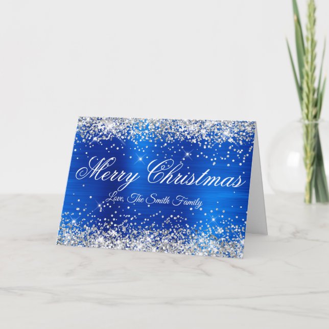 Silver Glitter Royal Blue Foil Family Photo Card (Front)