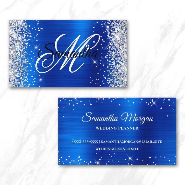 Silver Glitter Royal Blue Foil Fancy Monogram Business Card (Silver Glitter Royal Blue Foil Fancy Monogram Business Card)