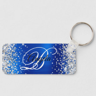 Silver Glitter Royal Blue Foil Fancy Monogram Key Ring