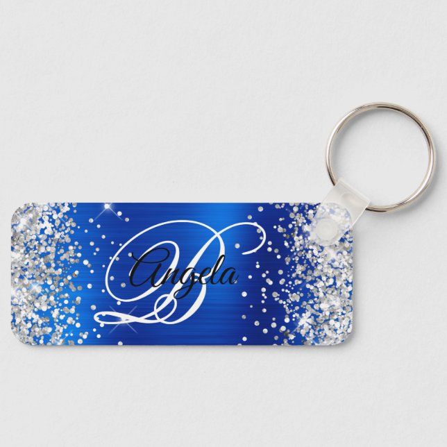 Silver Glitter Royal Blue Foil Fancy Monogram Key Ring (Front)