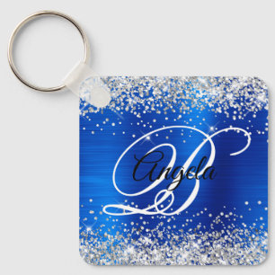 Silver Glitter Royal Blue Foil Fancy Monogram Key Ring