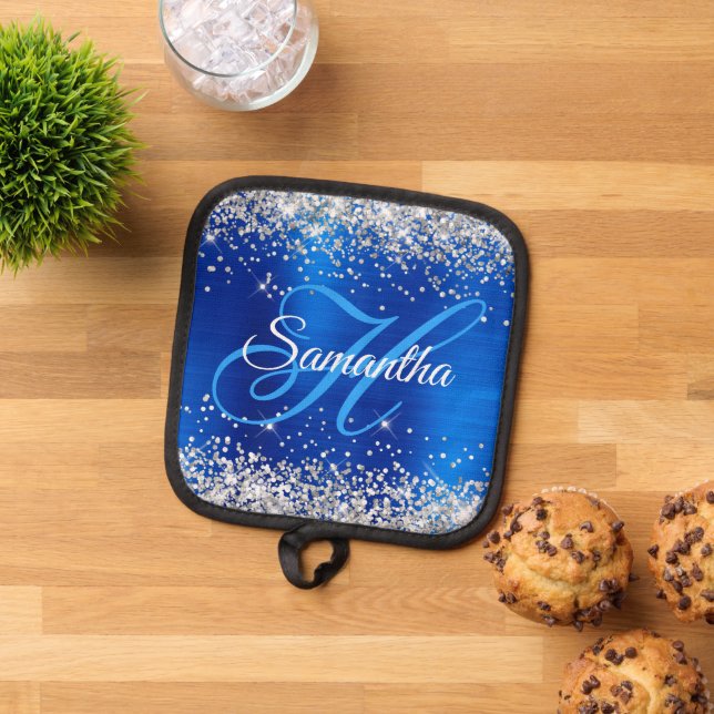 Silver Glitter Royal Blue Foil Fancy Monogrammed Pot Holder (Top Down)