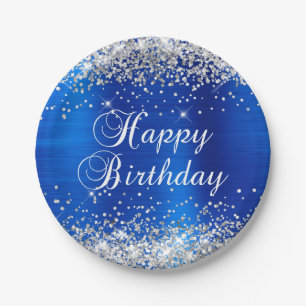 Silver Glitter Royal Blue Foil Happy Birthday Paper Plate
