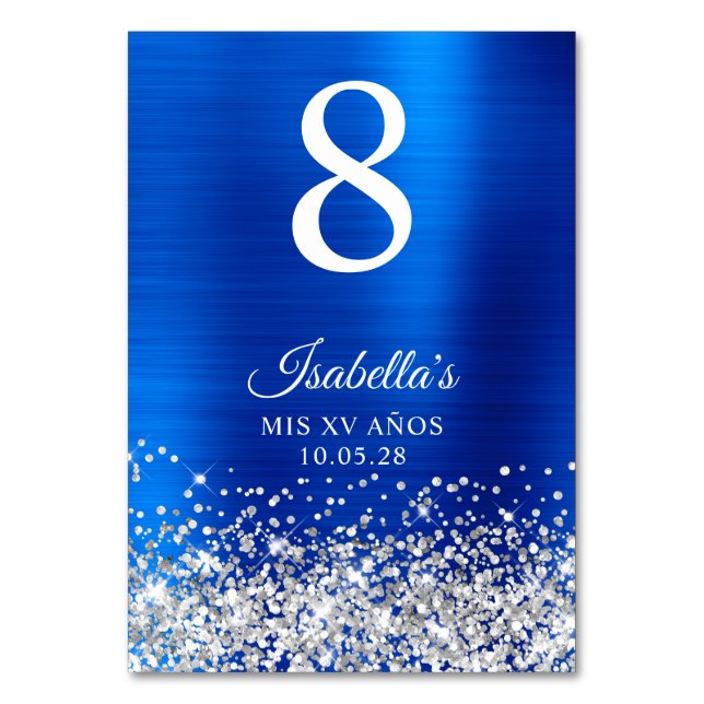 Silver Glitter Royal Blue Foil Mis XV Anos Table Number (Front)