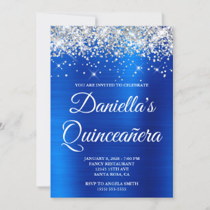 Silver Glitter Royal Blue Foil Quinceañera Invitation