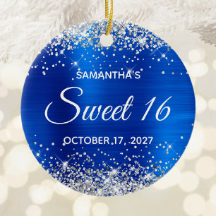 Silver Glitter Royal Blue Foil Sweet 16 Birthday Ceramic Ornament
