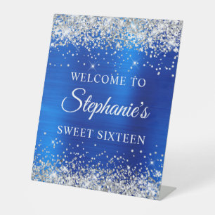 Silver Glitter Royal Blue Foil Sweet Sixteen Pedestal Sign