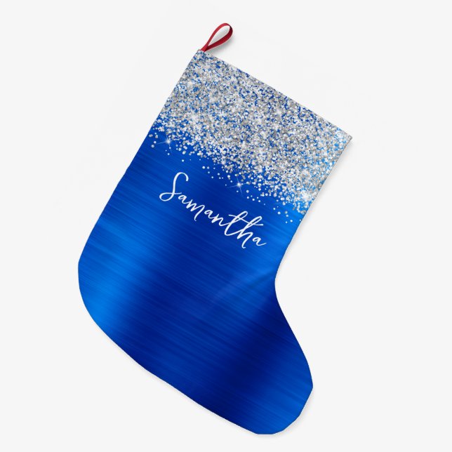 Silver Glitter Royal Blue Glam Name Large Christmas Stocking (Front (Hanging))