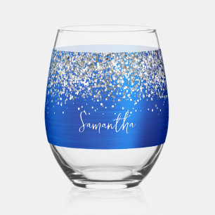 Silver Glitter Royal Blue Glam Name Stemless Wine Glass
