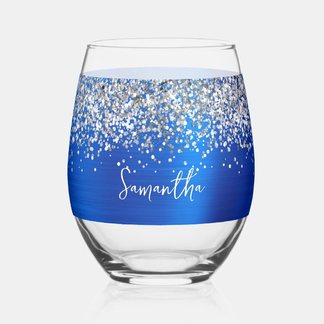 Silver Glitter Royal Blue Glam Name Stemless Wine Glass (Front)