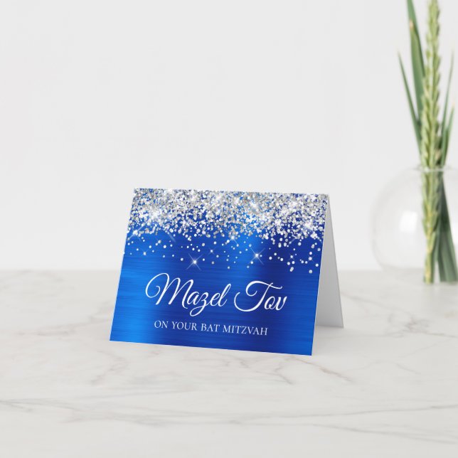 Silver Glitter Royal Blue Mazel Tov Bat Mitzvah Card (Front)