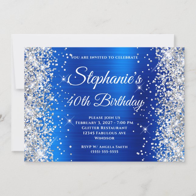 Silver Glitter Royal Blue Monogram 40th Birthday Invitation (Front)
