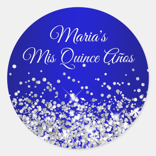Silver Glitter Royal Blue Ombre Mis Quince Años Classic Round Sticker (Front)