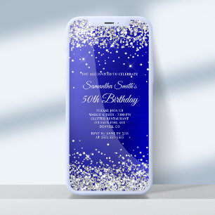 Silver Glitter Royal Blue Satin 50th Birthday Invitation