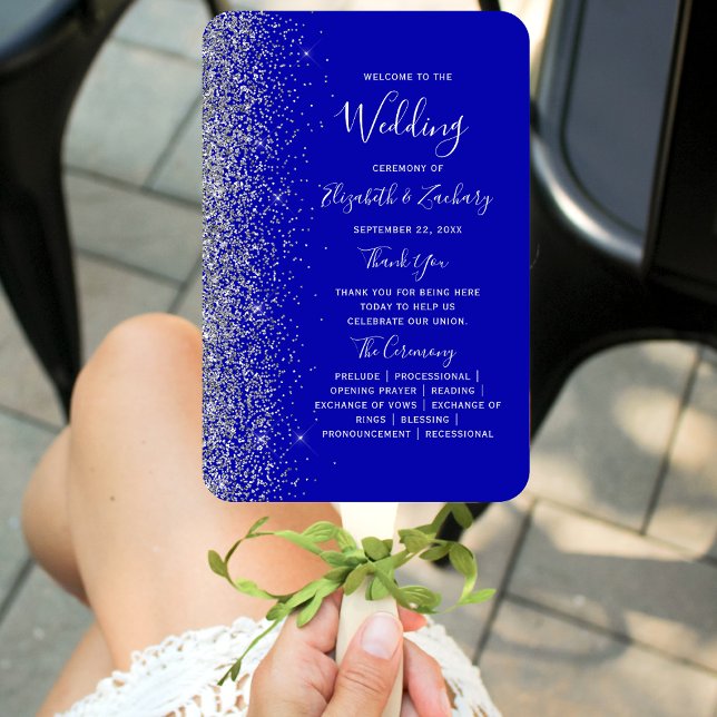 Silver Glitter Royal Blue Wedding Program Hand Fan (Creator Uploaded)