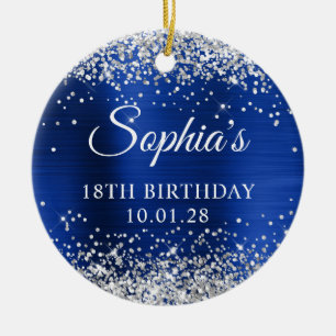 Silver Glitter Royal Navy Blue 18th Birthday Photo Ceramic Ornament